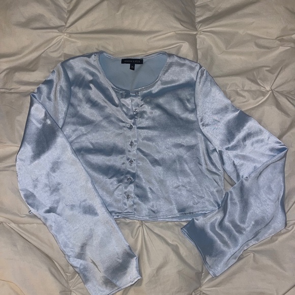 Kendall and Kylie Baby Blue Satin Crop Top - Picture 1 of 3